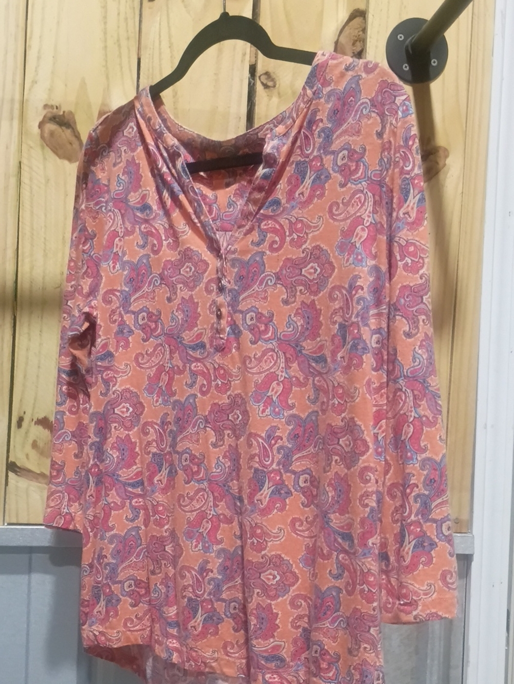 Kim Rogers Peach Paisley Long Sleeve Henley Top with Blue Accents